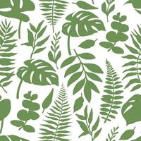Seamless pattern of tropical green forest leaves. Silhouette of monstera, fern, eucalyptus. vector