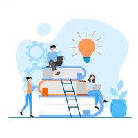 Education concept. Illustration of a pile of books and some characters who are studying happily. vector