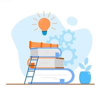 The concept of educational investment for the future. Illustration of a pile of books, a light bulb, and a telescope. vector