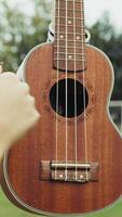 Women Practices With Ukulele Musical Instrument In The Countryside During A Break Vertical video