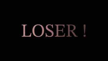 Fast text animation on black background with scattered letters forming LOSER in muted pink serif font. Dynamic, bold, and ideal for dramatic or game over themes. video