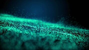 A captivating abstract background featuring a dynamic wave of glowing teal particles flowing and swirling across a dark blue and black backdrop, perfect for themes of digital innovation, energy. video