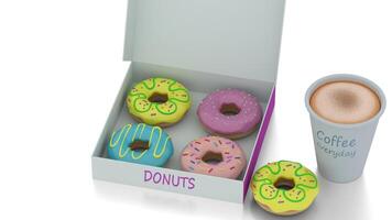 donut box with coffee on white background video