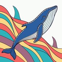 Blue whale breaching through colorful wavy lines ocean waves vector