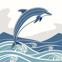 Blue Dolphin Leaping Ocean Waves Minimalist Vectr Art jumping vector