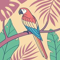 Colorful parrot perched on a branch surrounded by tropical leaves macaw bird vector