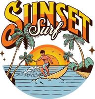 Sunset Surf Scene Tropical Beach Surfer Riding Wave Orange Yellow Palm Trees Vintage Style Illustration vector