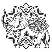Black and White Line Art Elephant Mandala Design Intricate Detailed Drawing of Elephant with Floral Mandala Background vector
