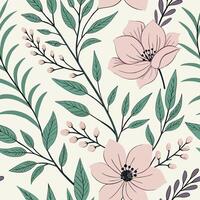 Seamless Pastel Pink and Green Floral Pattern Botanical Illustration with Delicate Flowers and Leaves Repeating Design vector