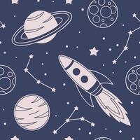 Rocket ship traveling through starry cosmos with planets and constellations space vector