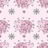 Seamless pattern with cute pigs and flowers. vector