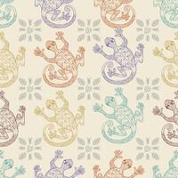 Seamless pattern with gecko lizards and tribal ornaments. vector
