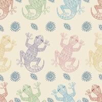 Seamless pattern with gecko lizards and tribal ornaments. Vintage style. vector