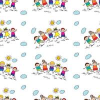 Seamless pattern with happy children holding hands and smiling together in a sunny day vector