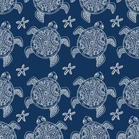 Seamless pattern with hand drawn sea turtles and starfish. vector