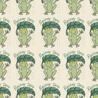 Seamless pattern with cute frogs enjoying a rainy day vector