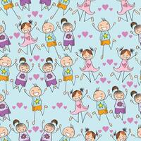 Seamless pattern with hand drawn doodle cheerful children jumping with joy and hearts vector