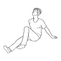 man in full height sitting on the floor or ground leaning his hands behind his back, his leg is extended and the other is bent, face to the sky - hand drawn sketch line art illustration vector