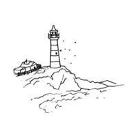 lighthouse on the edge of a rocky coast with circling seagulls and a house next to a fence - hand drawn outline drawing vector