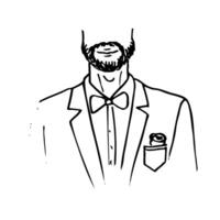 male portrait lower part of bearded face and upper torso in jacket and flower in pocket - hand drawn outline drawing vector