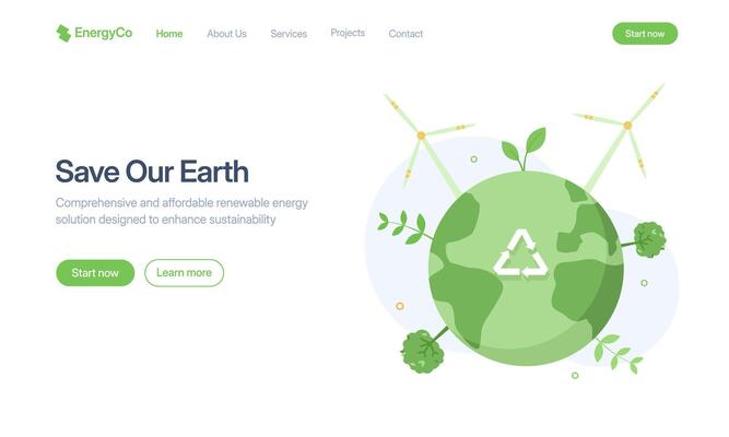 A landing page concept for renewable energy, featuring an illustration of Earth with a recycling symbol, wind turbines, and text, Save Our Earth