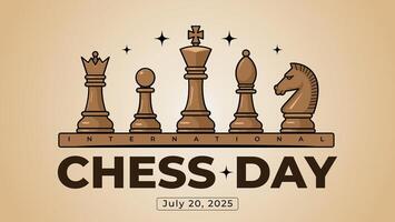 International Chess Day Celebration Graphic Featuring Chess Pieces and Event Date vector