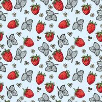 Repeating pattern with red strawberries, white flowers, and black line leaves on blue. Great for fabric, packaging, wrapping, and seasonal decor. vector
