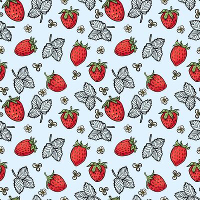 Repeating pattern with red strawberries, white flowers, and black line leaves on blue. Great for fabric, packaging, wrapping, and seasonal decor.