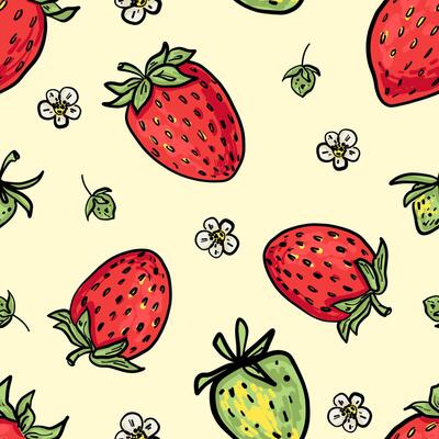 Repeating hand-drawn pattern featuring ripe red strawberries, unripe green berries, and delicate white strawberry flowers on a light cream background. Ideal for textile, packaging, wrapping paper, and