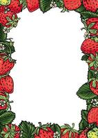 Vertical rectangular frame with strawberries, green leaves, and white flowers around the edges. Central area left blank for text or design placement. vector
