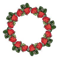 Circular wreath made of ripe strawberries, green leaves, and white flowers. Perfect for labels, packaging, invitations, and summer-themed decor. vector