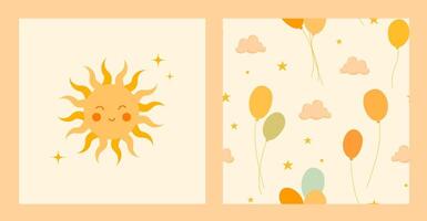 A cute seamless pattern with colourful balloons, clouds, stars in soft, pastel colours and a kawaii sun print. Great for prints of children's clothes, pyjamas, bedding, wallpaper, room, nursery, cover vector