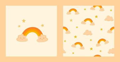 Seamless boho pattern with a cute, kawaii rainbow with clouds and stars in beige and yellow. Ideal for prints for children's clothing, pyjamas, wrapping, invitations, cards, newborn textiles, nursery vector