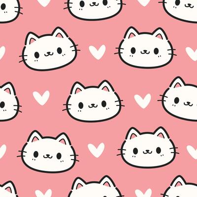 Seamless pattern background with cute cats face with hearts cartoon doodle on pink, Childish animal pattern for kids