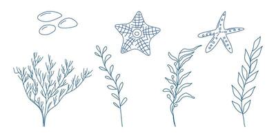 Marine elements doodle style set in blue.,,, vector