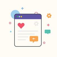 Purple Webpage Interface with Red Heart Gear Icon Left Arrow Orange Speech Bubble Light Blue Circles vector