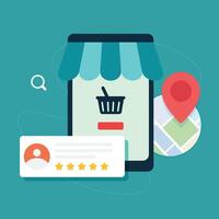 Smartphone App Online Store Location Map Teal Background Five Star Review Shopping Cart Icon vector
