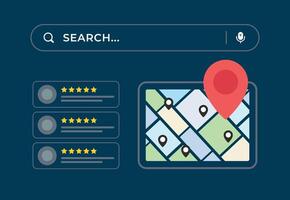 Online Map App Interface with Search Bar Location Pins and Five Star Ratings Dark Blue Background vector