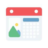Red Calendar Icon with Green Mountain Landscape Image and Blue Sky Grid date vector