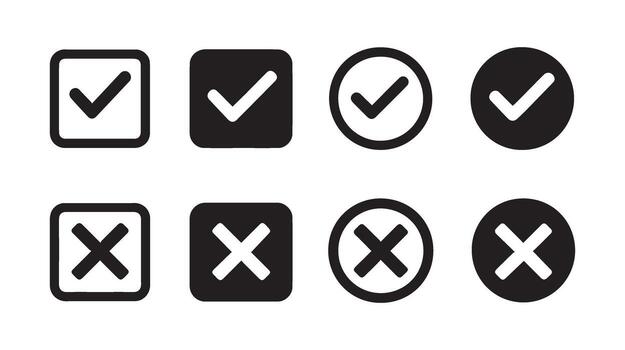 Black and White Check Mark and Cross Icons Set Square and Round Shapes Graphic Design Elements vector