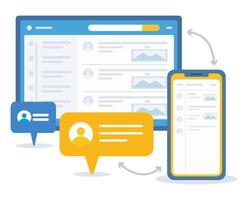 Blue and Yellow Computer Screen Smartphone Data Synchronization Interface User Profile Icons vector