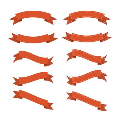Ten Orange Ribbon Banners Various Styles Flat Design Elements Set