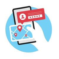 Smartphone App Showing Map Location with Five Star Customer Review and User Profile Icon vector