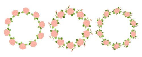 Set round rose borders for design and decoration. Pink flower frames. For invitations, packaging, greeting cards. vector