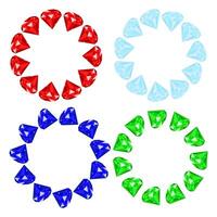 Set round frames with precious stones. Sparkling diamonds, sapphires, emeralds, ruby. For invitations, packaging, greeting cards. Space for text. vector
