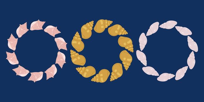 Seashell wreaths collection. Nautical marine decorative circle frames. Set summer frames. Space for text. For kids projects, greeting cards and ocean-themed design vector