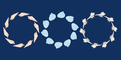 Seashell wreaths collection. Nautical marine decorative circle frames. Set summer frames. Space for text. For kids projects, greeting cards and ocean-themed designs. vector