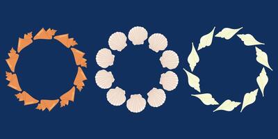 Seashell wreaths collection. Nautical marine decorative circle frames. Set summer frames. Space for text. For kids projects, greeting cards and ocean-themed designs vector