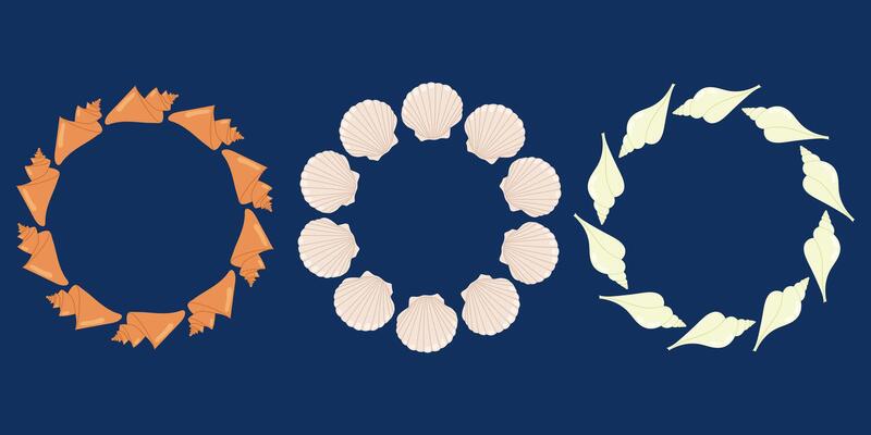 Seashell wreaths collection. Nautical marine decorative circle frames. Set summer frames. Space for text. For kids projects, greeting cards and ocean-themed designs