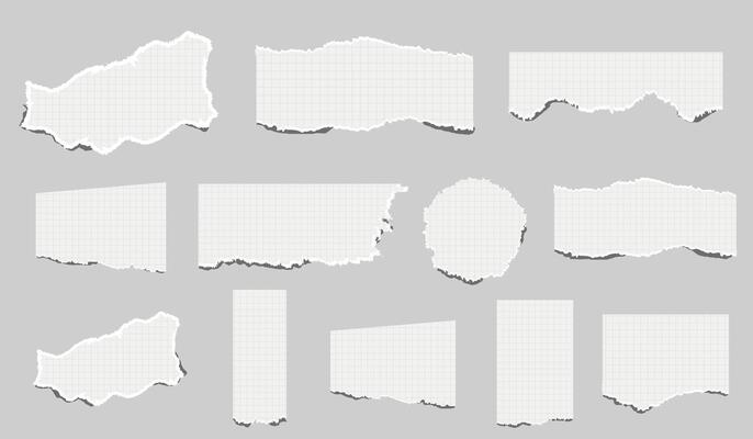 torn pieces of checkered paper. Notebook sheet pieces with torn edges. Piece of smooth ripped checkered paper. lined and crumpled effect